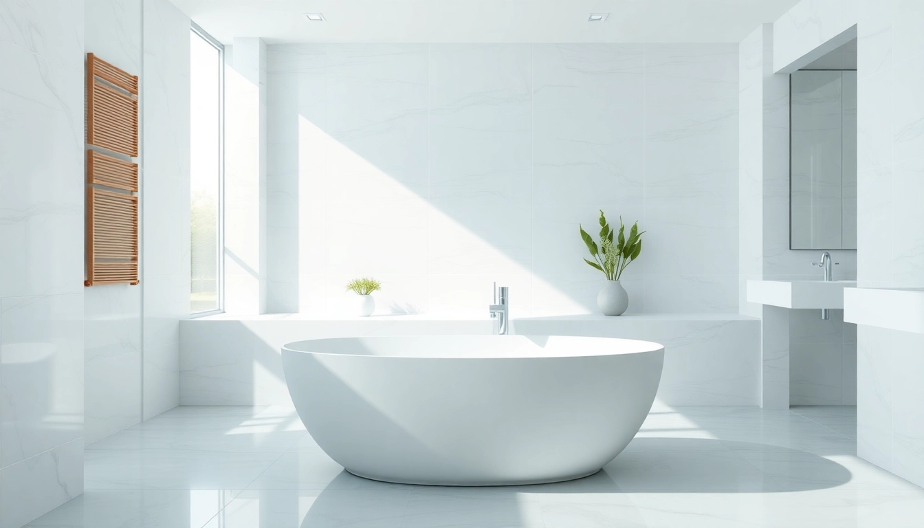Visual of a modern bathroom displaying elegant bath reconstruction elements, featuring a freestanding tub.