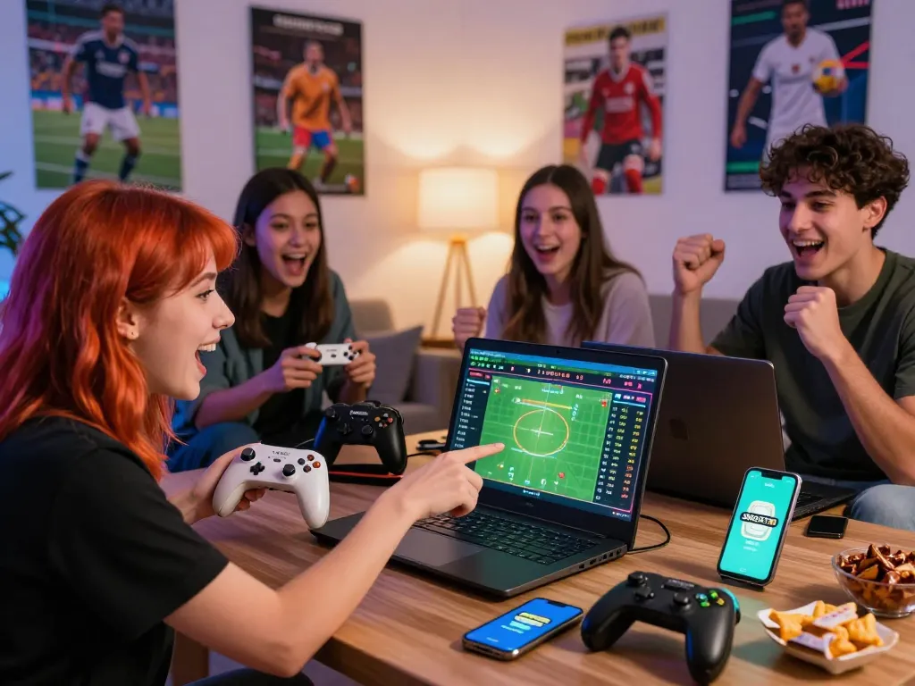 SBOBET88 online gaming excitement in a cozy living room with friends engaging in live betting and cheering.