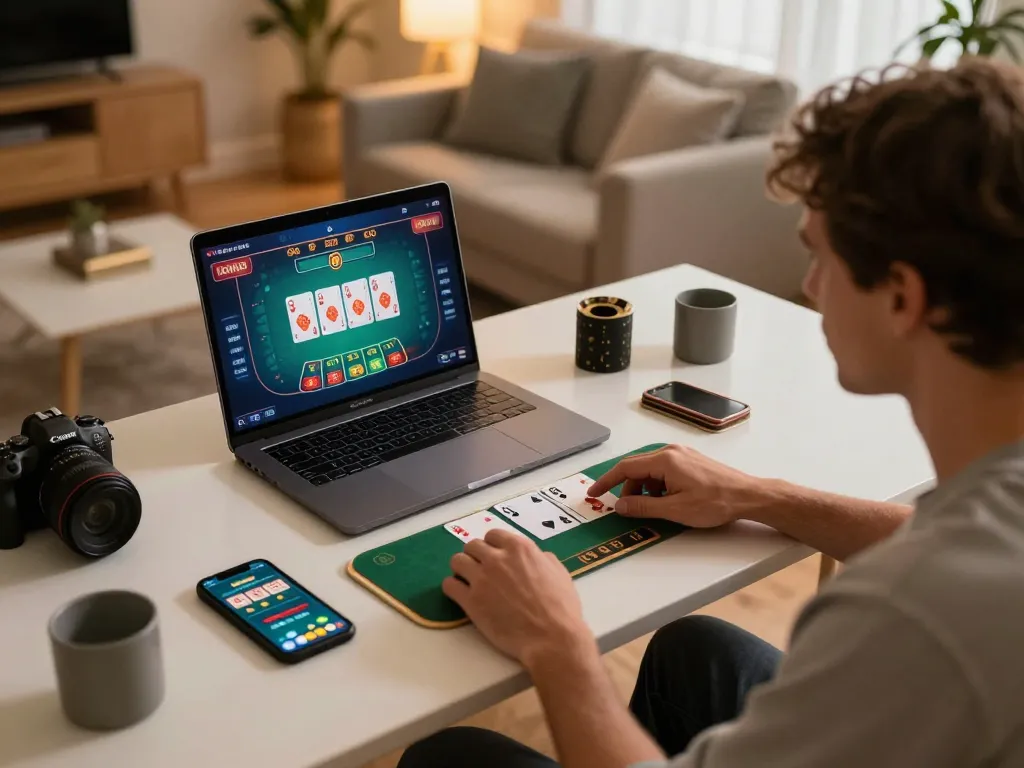 User engaging with ee88go online casino app, showcasing live dealer gameplay on a cozy home desk setup