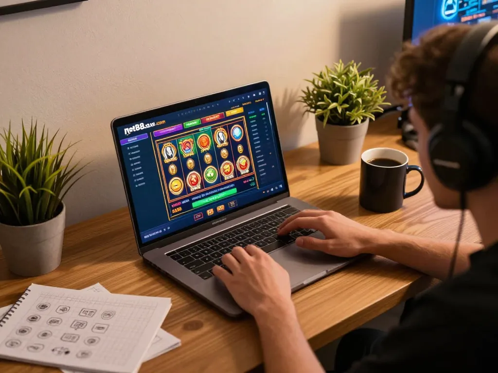 Engaging in online gaming at net88.de.com with a laptop setup and cozy atmosphere