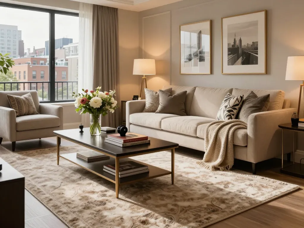 Luxury carpets London enhancing a stylish living room with warm lighting and elegant decor.