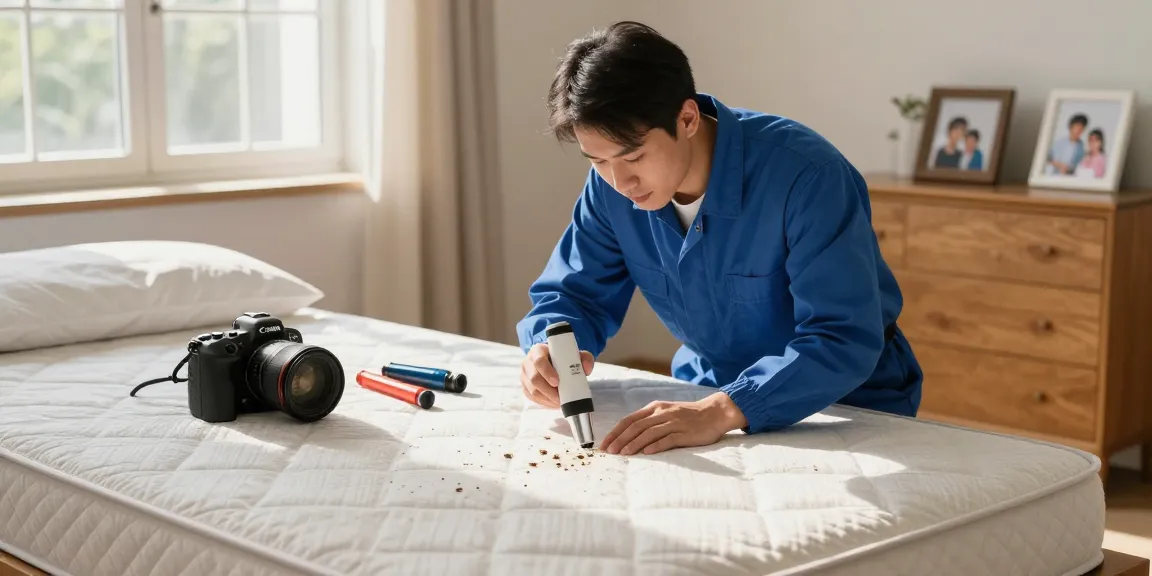 Bed bug pest control expert inspecting a mattress in a warm home environment.