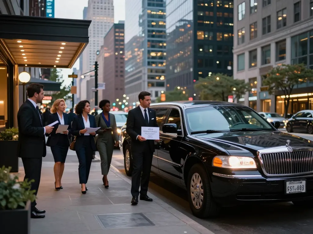 Luxury SUV limousine service in Chicago with professional chauffeur, welcoming clients in a vibrant urban setting.