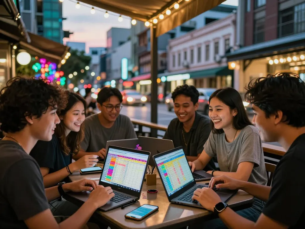 Kelompok yang bersemangat mendiskusikan tren Togel Hongkong di kafe luar ruangan yang ramai.