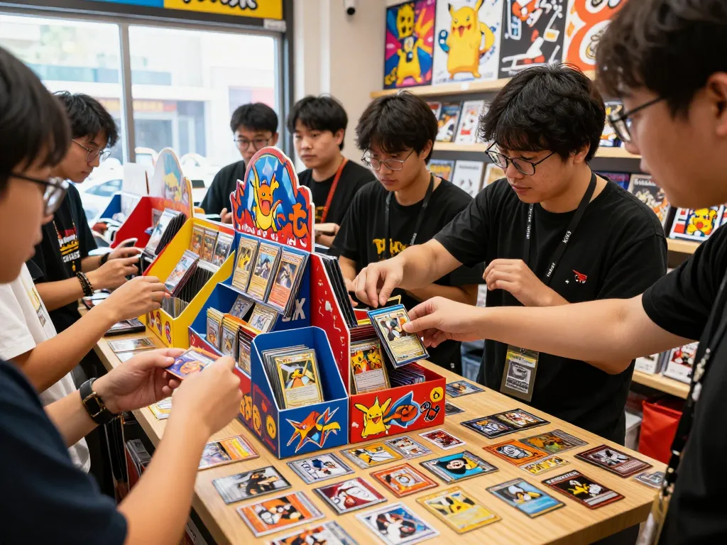 Engaged collectors exploring Phantasmal Flames trading cards in a vibrant store.