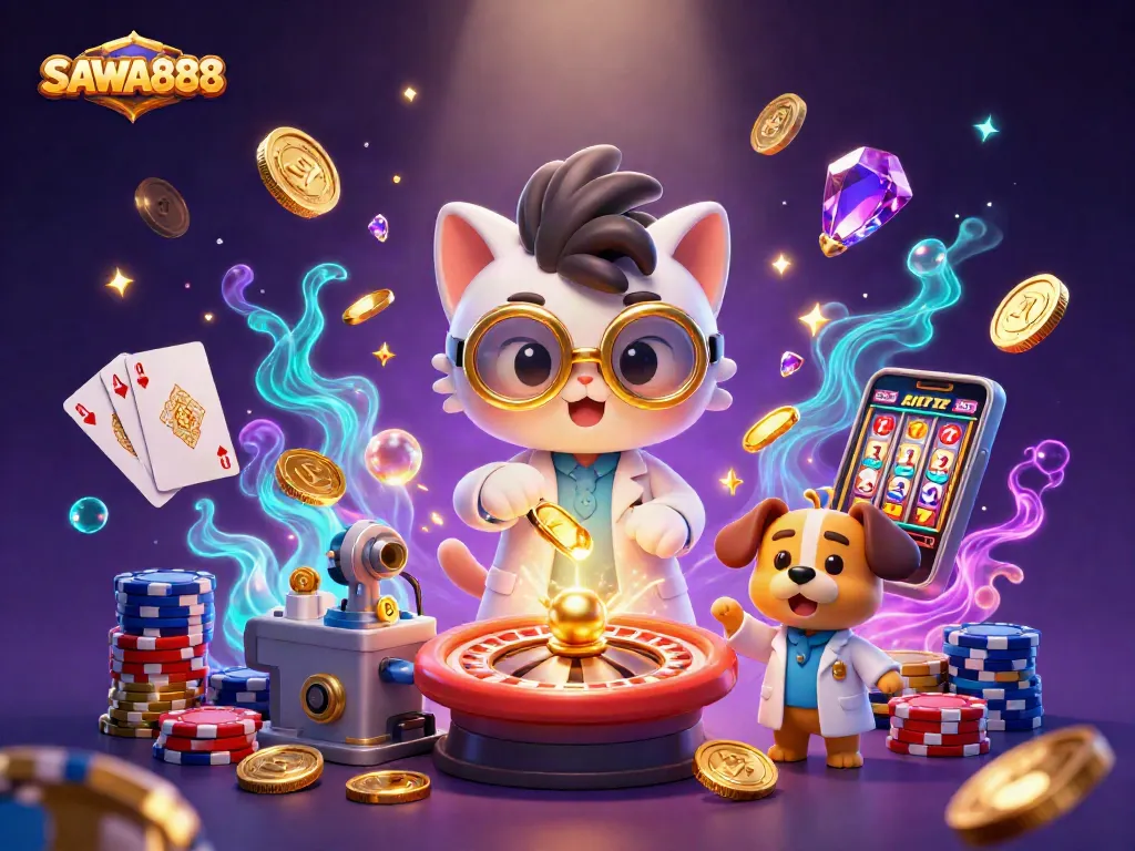 SAWA888 unleashing magical casino fun with a mad scientist cat creating winnings in 3D
