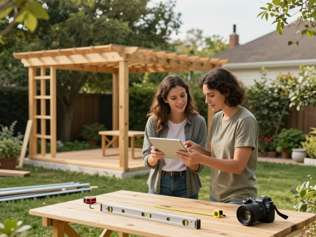 Couple using a custom pergola configurator to design their ideal backyard pergola.