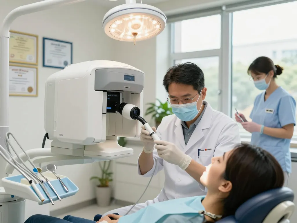 Dentists reviews showcasing dentist examining patient with advanced dental tools in a modern clinic setting.