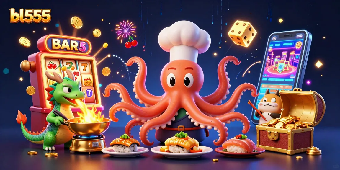 Engage with the bl555 experience featuring an animated octopus chef and dynamic casino elements.