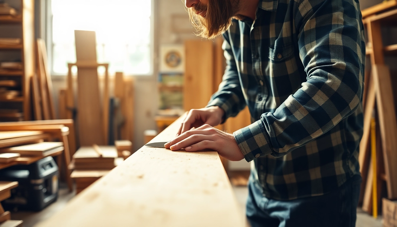 Hands-on carpentry apprenticeship: skilled carpenter creating wooden structures in a bright workshop.