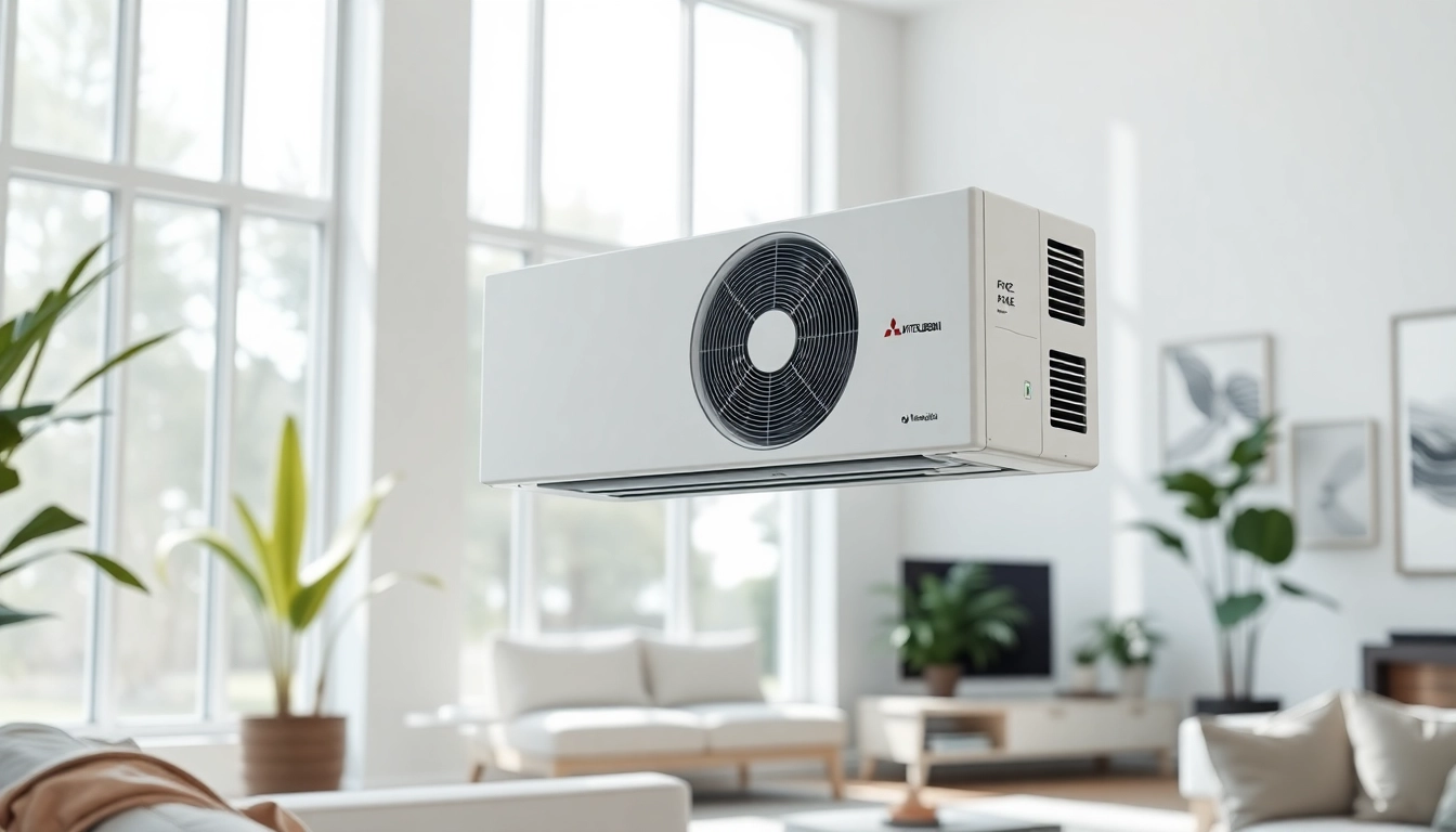 Showcasing a Mitsubishi mini split AC unit in a stylish modern setting, highlighting its sleek design.