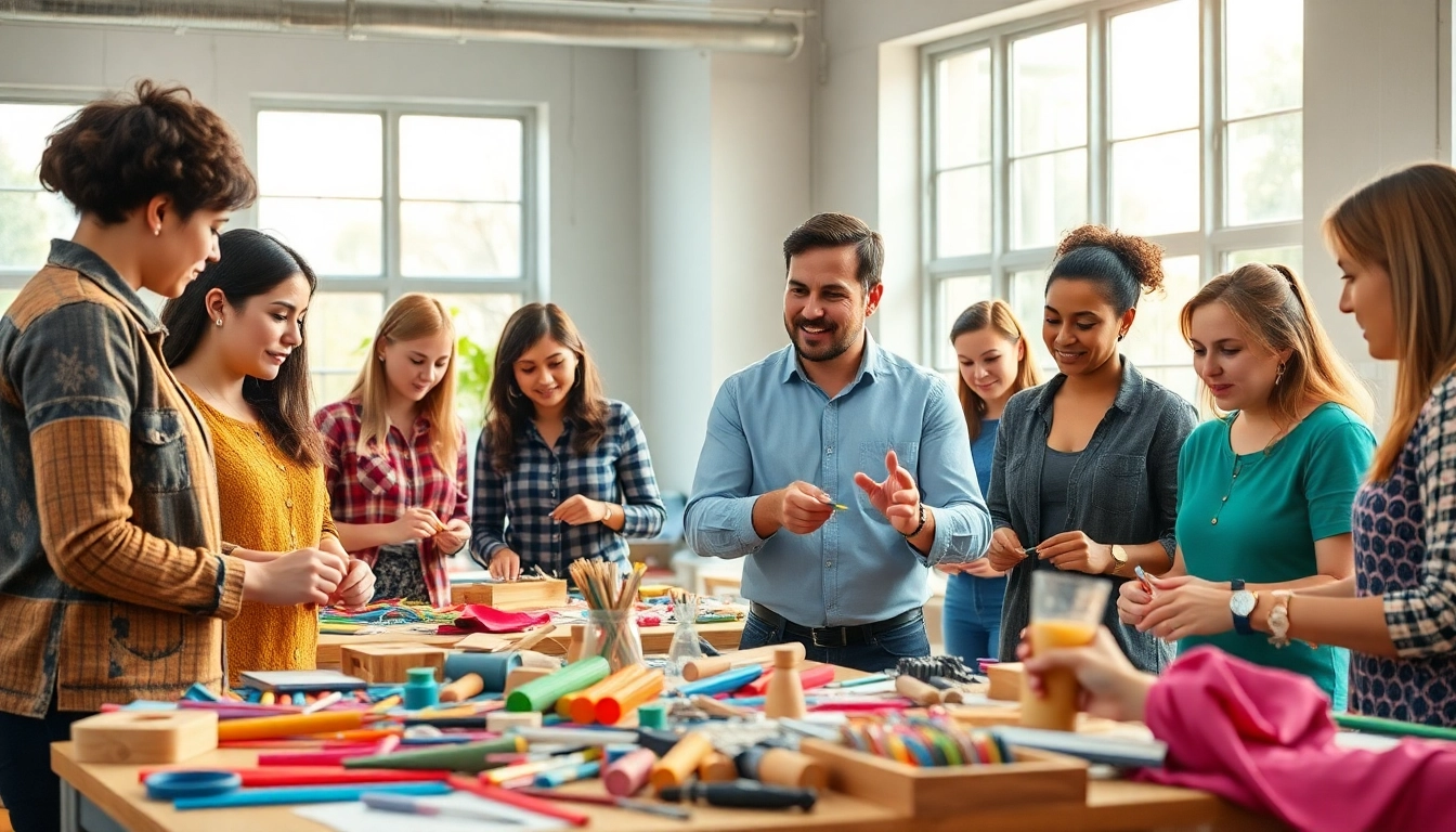 Engaged students in craft training programs at a vibrant workshop with tools and supplies.