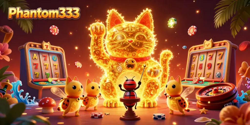 Experience excitement with Phantom333's vibrant lucky cat casino illustration full of game elements.