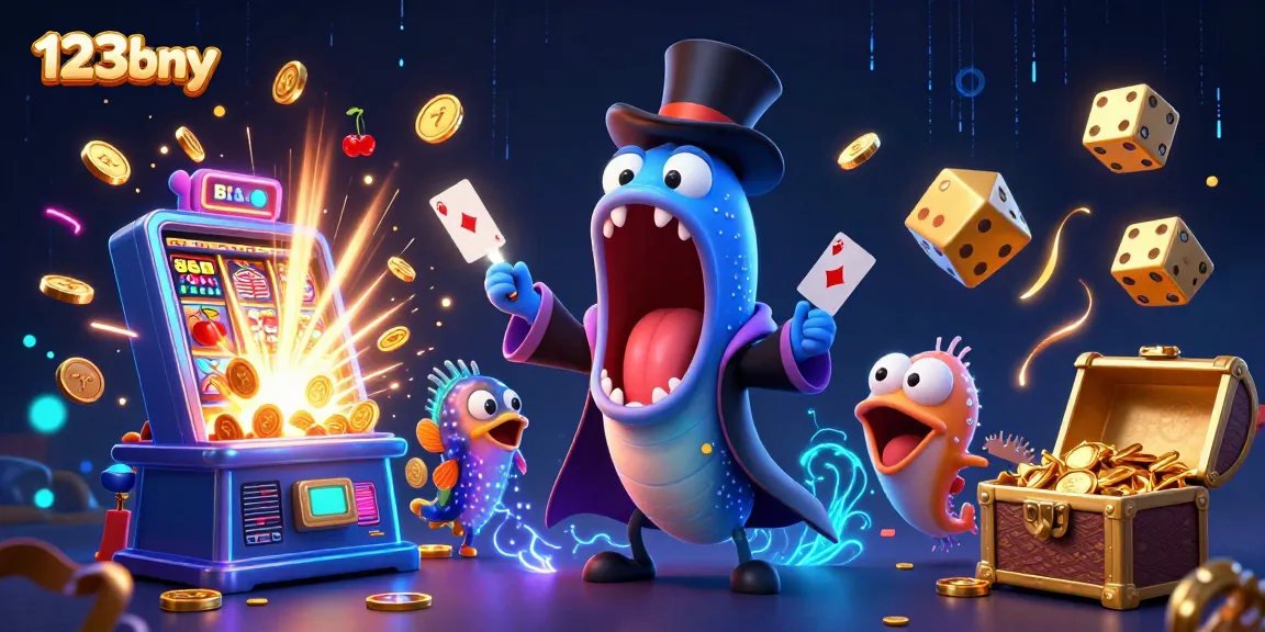 Catch thrilling wins with 123bny's vibrant 3D casino illustration featuring card tricks and a jackpot!