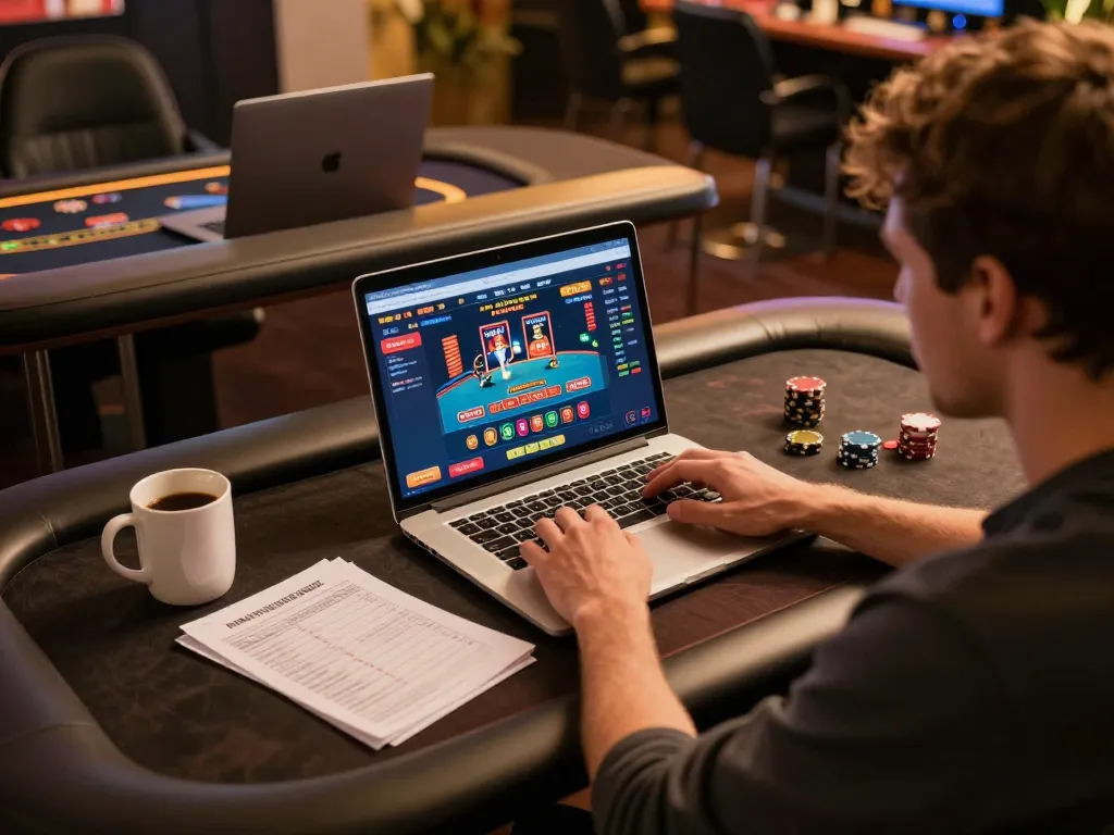 Online player engaging in strategic gaming at home with man club elements.