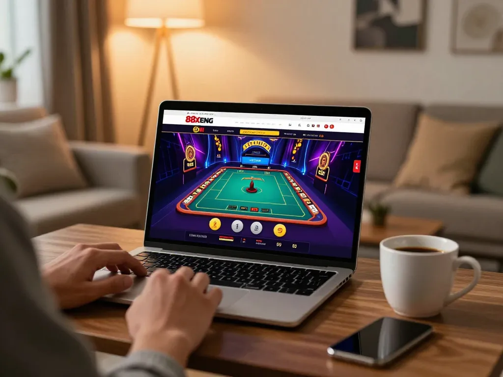 Engaging gameplay on 88xeng online casino interface in a cozy home setting.