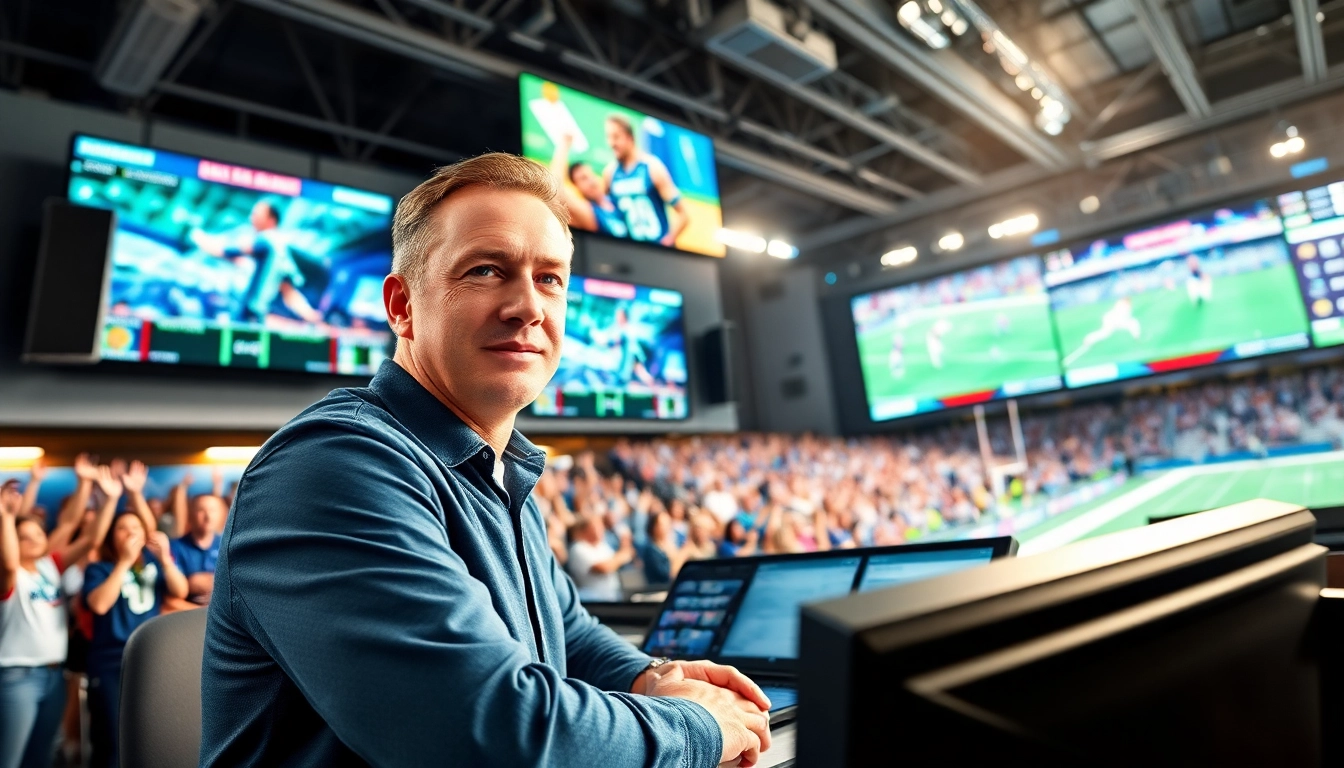 Energetic sports broadcasting setup showcasing a commentator and live game highlights.