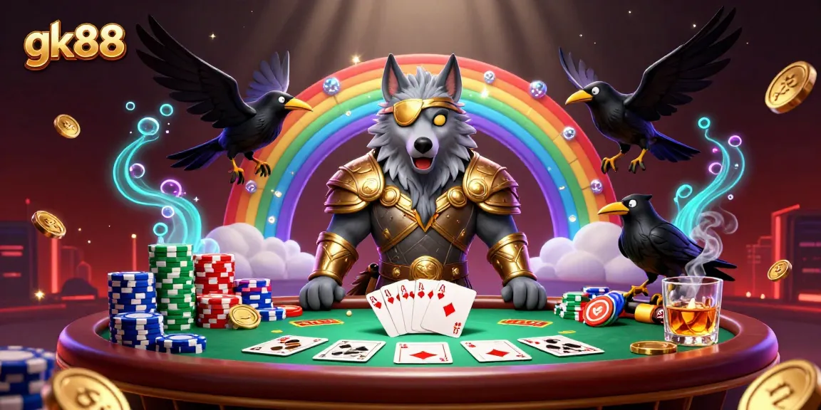 Experience thrilling casino action with gk88's vibrant poker scene featuring Odin and ravens amidst colorful chips.