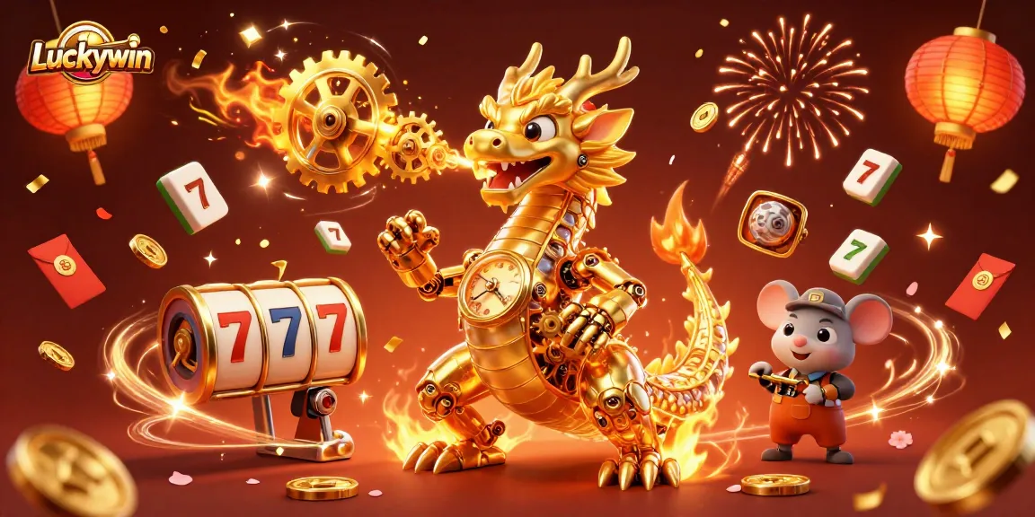 Experience the thrill of Luckywin with a captivating 3D dragon and festive gambling elements.