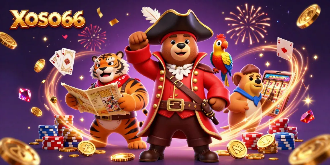 XOSO66 shows a pirate bear and tiger winning treasures in a lively online casino scene.