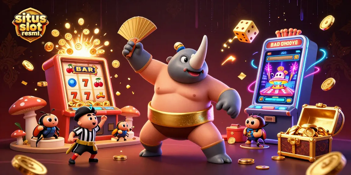 Experience thrilling moments at situs slot resmi with a giant 3D beetle champion celebrating wins amidst a jackpot explosion.