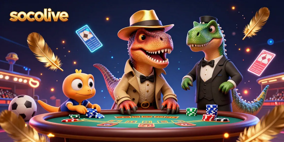 Socolive, the ultimate sports betting experience, features vibrant details of a velociraptor card counter amidst casino action.
