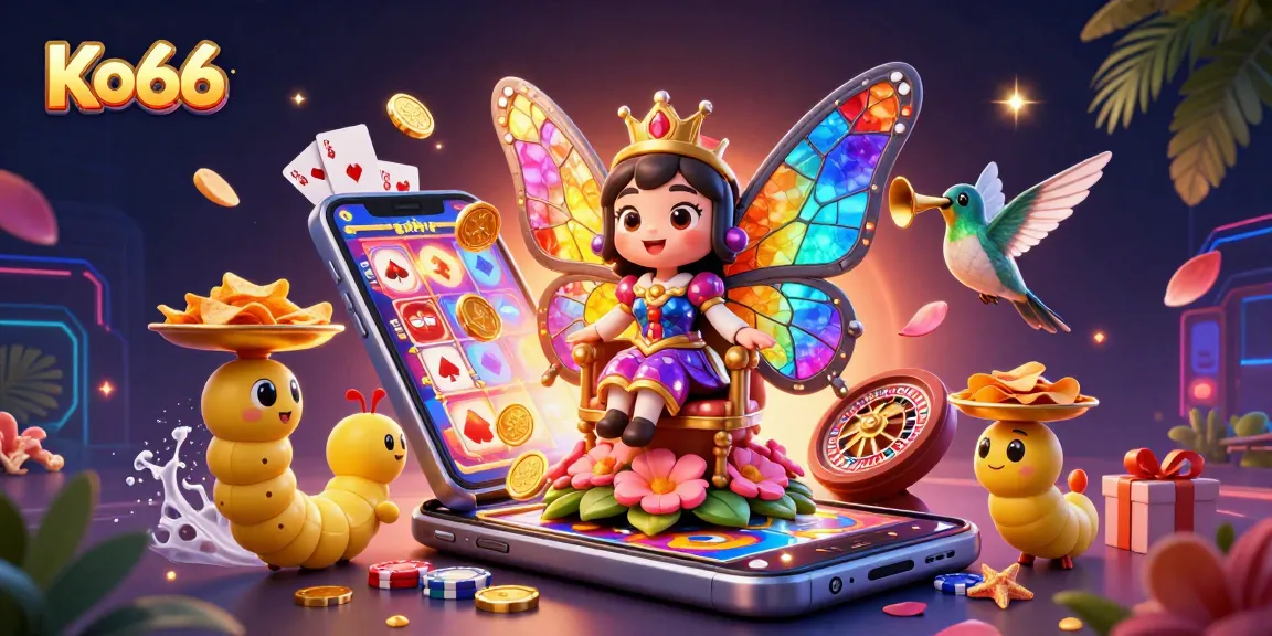Spin colorful slots with Ko66's exciting butterfly queen and vibrant casino elements.