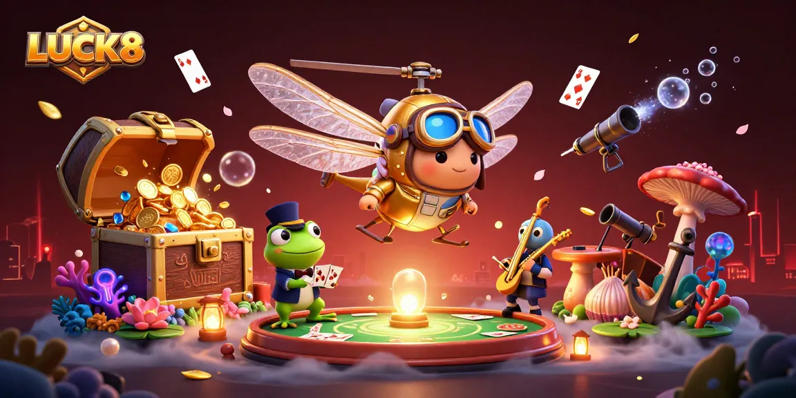 Experience thrilling gaming at LUCK8 with a vibrant casino scene featuring a frog croupier and dragonfly pilot.