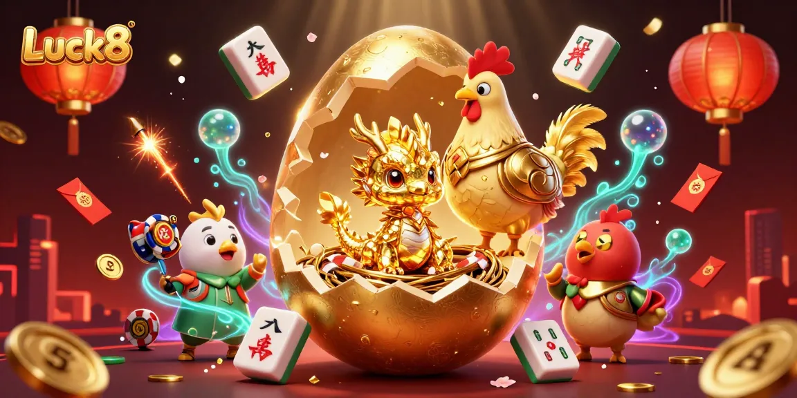 Luck8 players enjoying vibrant golden illustrations of a dragon, poker chips, and winning casino elements.