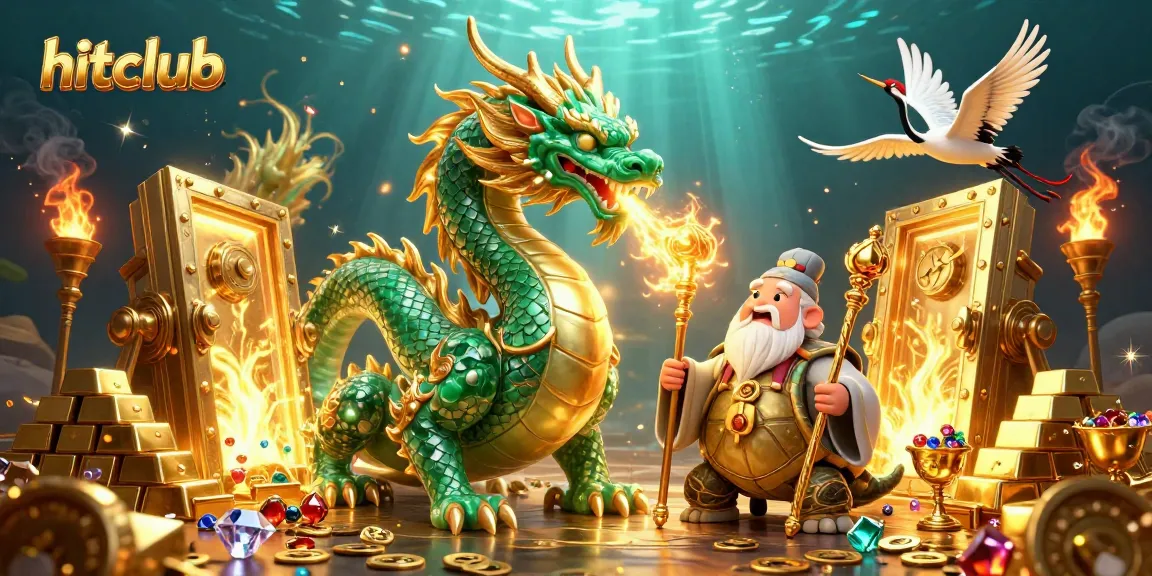 Engage in thrilling action at hitclub with a vibrant scene featuring a dragon, turtle sage, and lucky cranes.