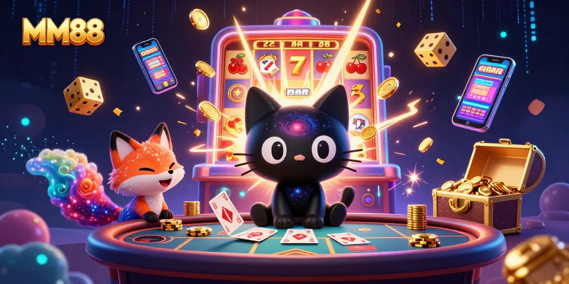 MM88 cosmic casino scene with black hole cat, jackpots, and vibrant game elements.