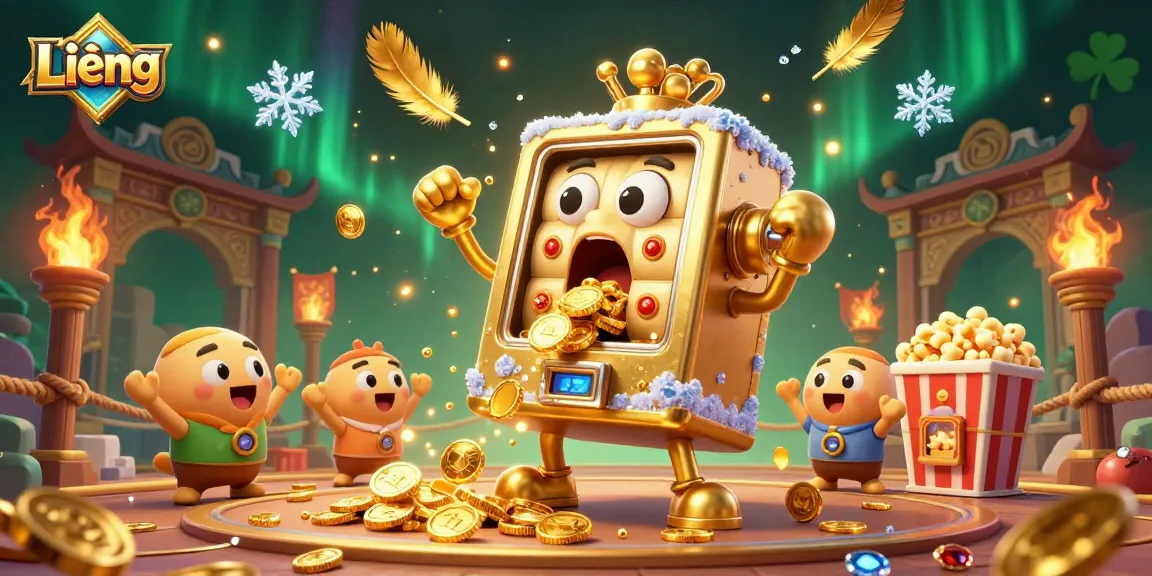 Engage with Liêng in a vibrant casino scene featuring a golden slot machine celebrating its jackpot.