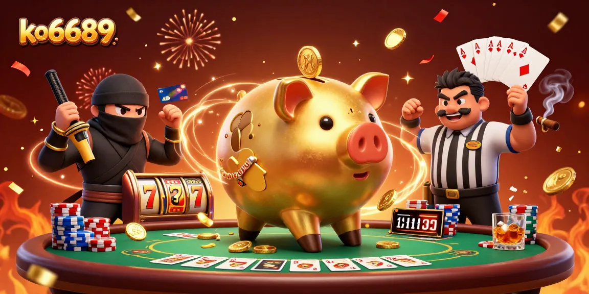 Experience thrilling games at ko6689 with a dynamic illustration featuring a piggy bank sumo wrestler amidst casino excitement.
