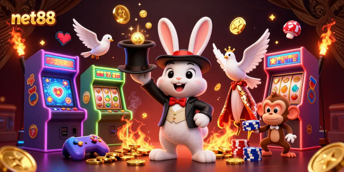 Experience the excitement of net88 casino with a vibrant 3D scene of a magician, dove, and monkey.