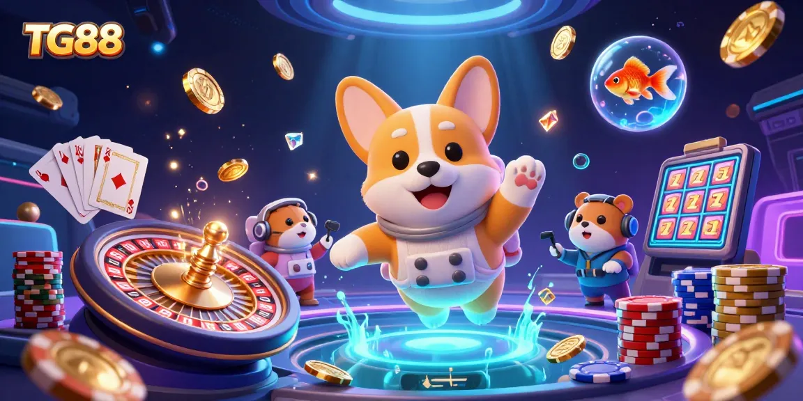 Experience exciting gaming at TG88 with a vibrant 3D casino scene depicting a playful astronaut corgi.