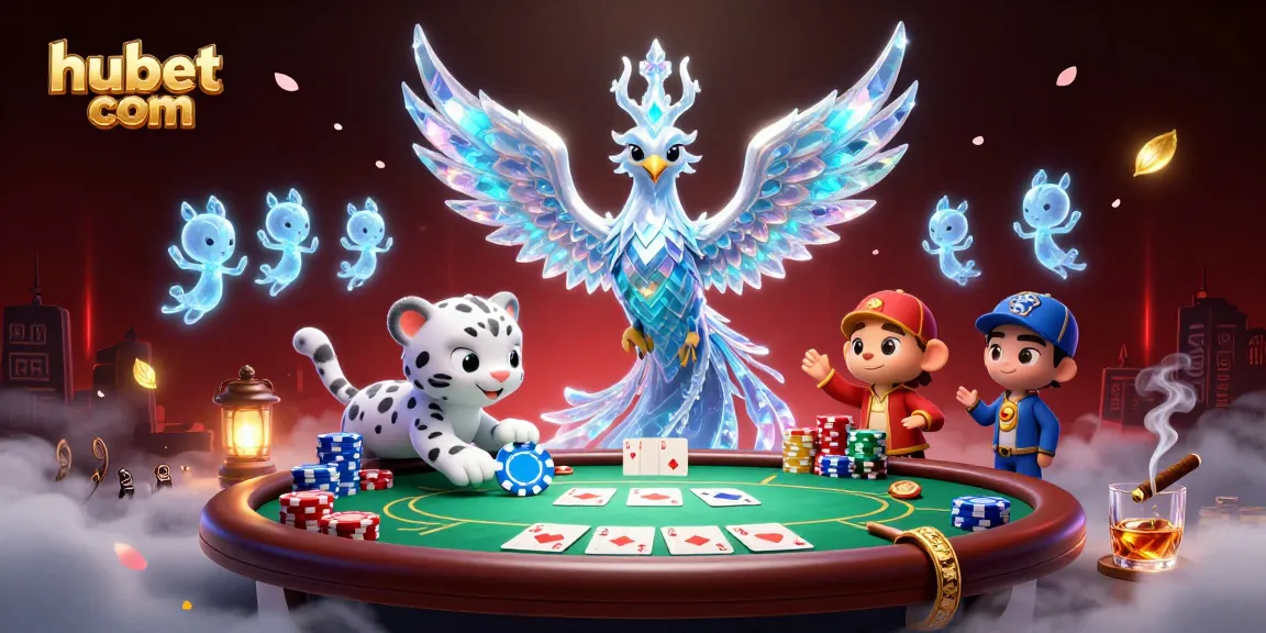 Engage with the exciting world of hubet com while admiring a colorful 3D casino scene featuring a phoenix and poker elements.