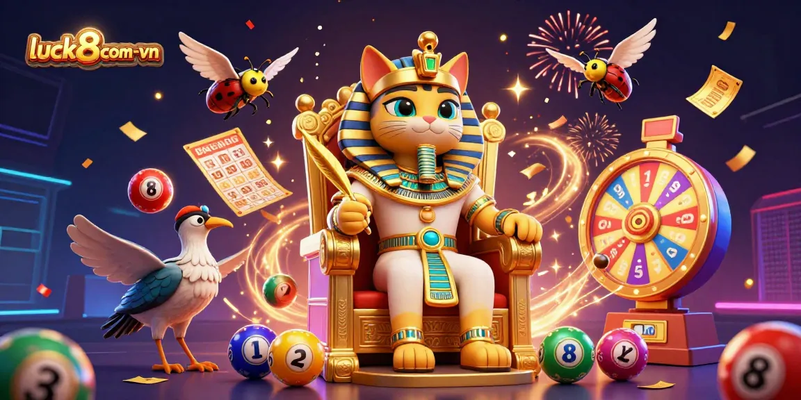 Win big at luck8com-vn with an engaging 3D casino scene featuring vibrant lottery elements and Egyptian motifs.