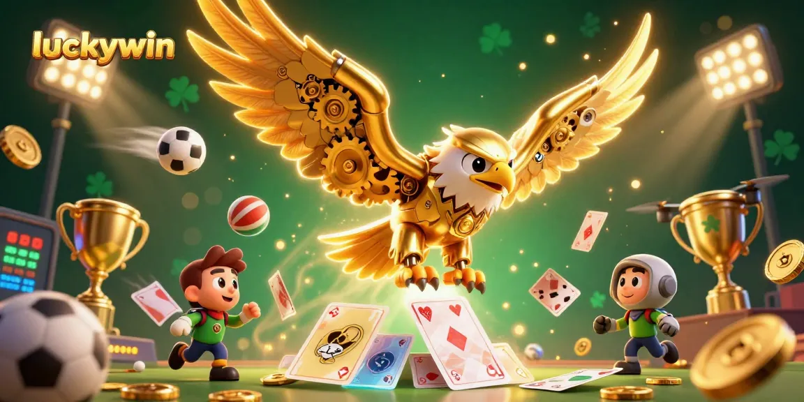 Engage in thrilling gameplay at luckywin with a spectacular 3D illustration of golden eagle and dynamic sports elements.