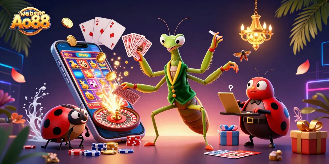 Experience the excitement of website Ao88 with a vibrant casino scene featuring a giant praying mantis card sharp and a ladybug pit boss.