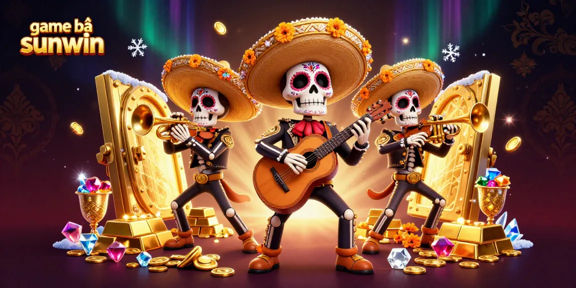 Engage with game bài sunwin in this vibrant 3D scene featuring a mariachi band amidst gold treasures and dynamic gameplay elements.