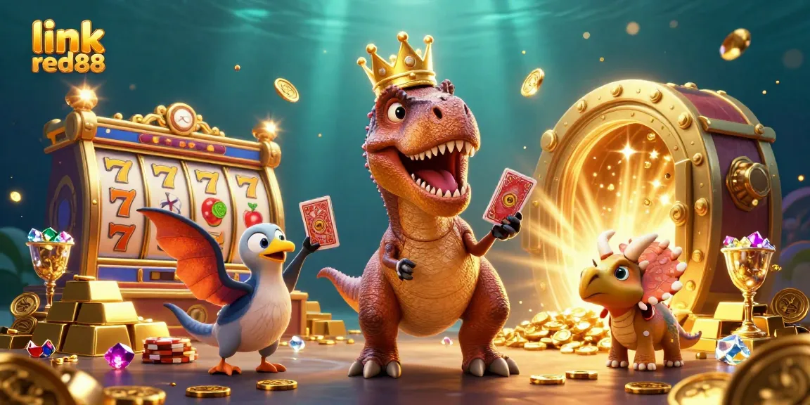 Experience thrilling gameplay at link red88 with a playful T-Rex mastering cards in a vibrant casino.